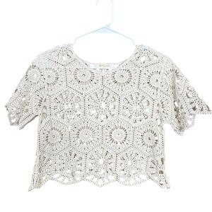 Cream Crochet Crop Top 100% Cotton Boho Festival Short Sleeve Y2K Lace Geometric